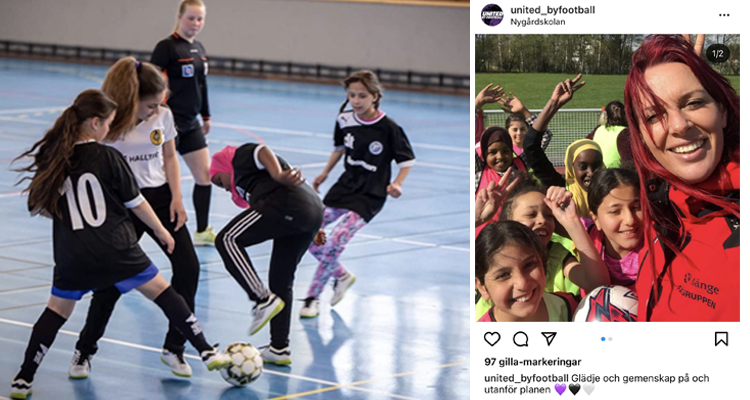 Delad bild. Första bilden en grupp tjejer mitt uppe i en fotbollsmatch. Andra bilden en selfie publicerad på Instagram med Charlotta Volkert längst fram och en grupp unga glada tjejer bakom. 