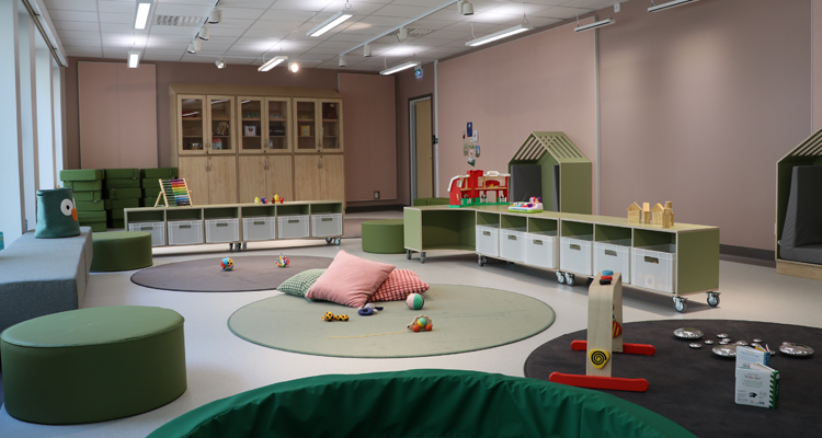 Ett rum med rosa väggar, gröna mattor och leksaker